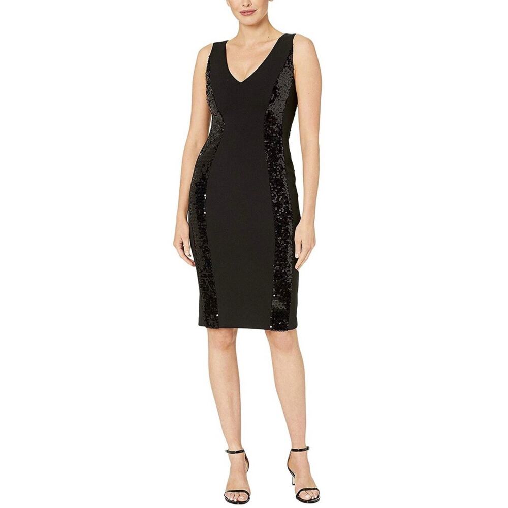 Vince Camuto Black Cocktail Dress Sequined Sleeveless V-Neck Midi Sheath Size 16
